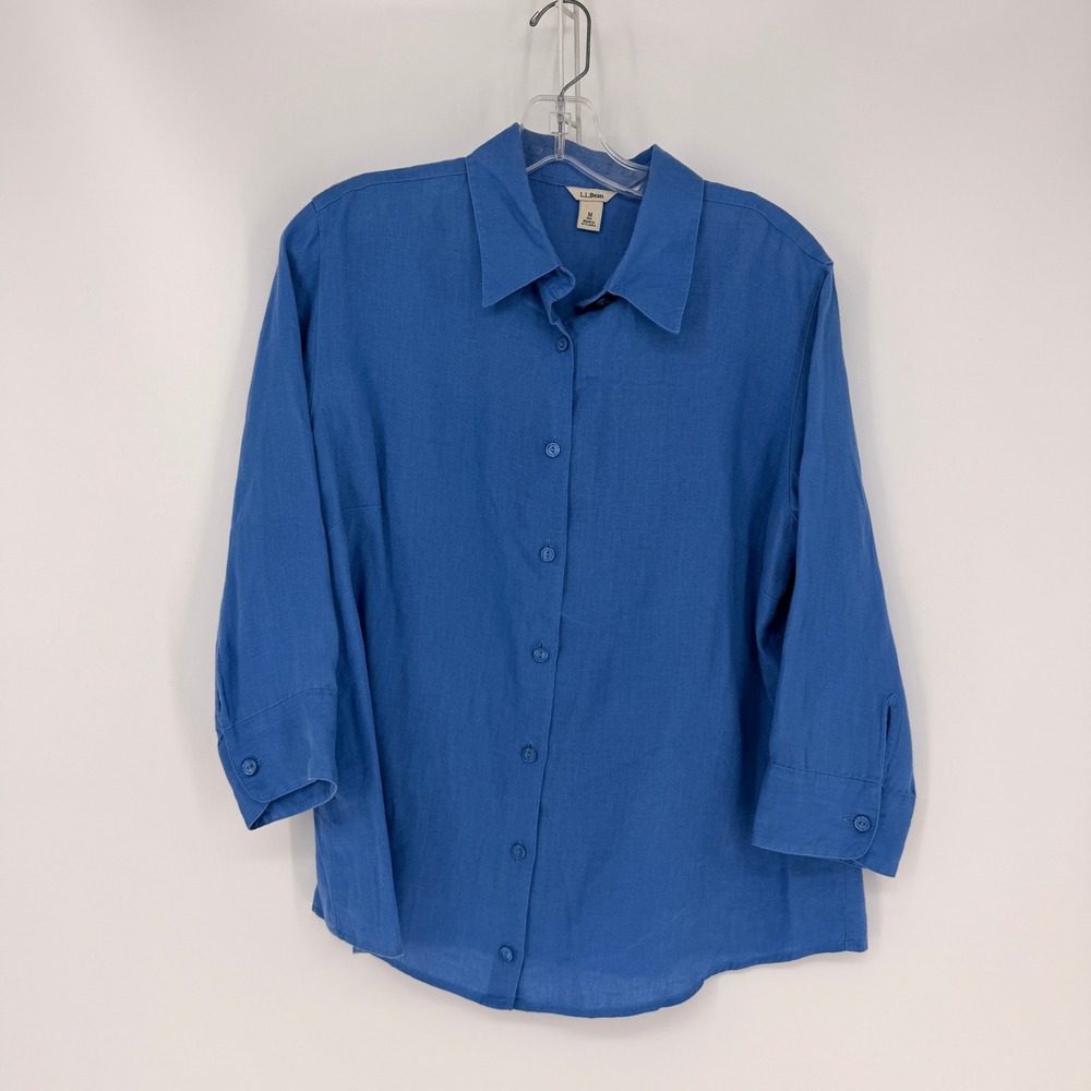 L.L. Bean Linen Button Down Shirt Womens Medium Blue 3/4 Sleeve Coastal Casual